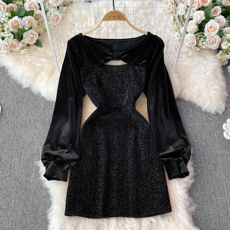 Crew neck velvet stitching long sleeve temperament French Vintage Dress  3722