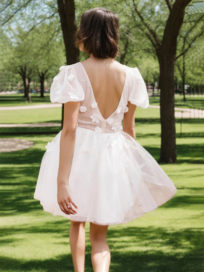 Ball Gown V-Neck Short Sleeves Short/Mini Flowers Wedding Dress