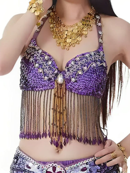 Sexy Belly Dancewear Halter Sequins Tassel Sleeveless Bra with Rhinestone & Beading