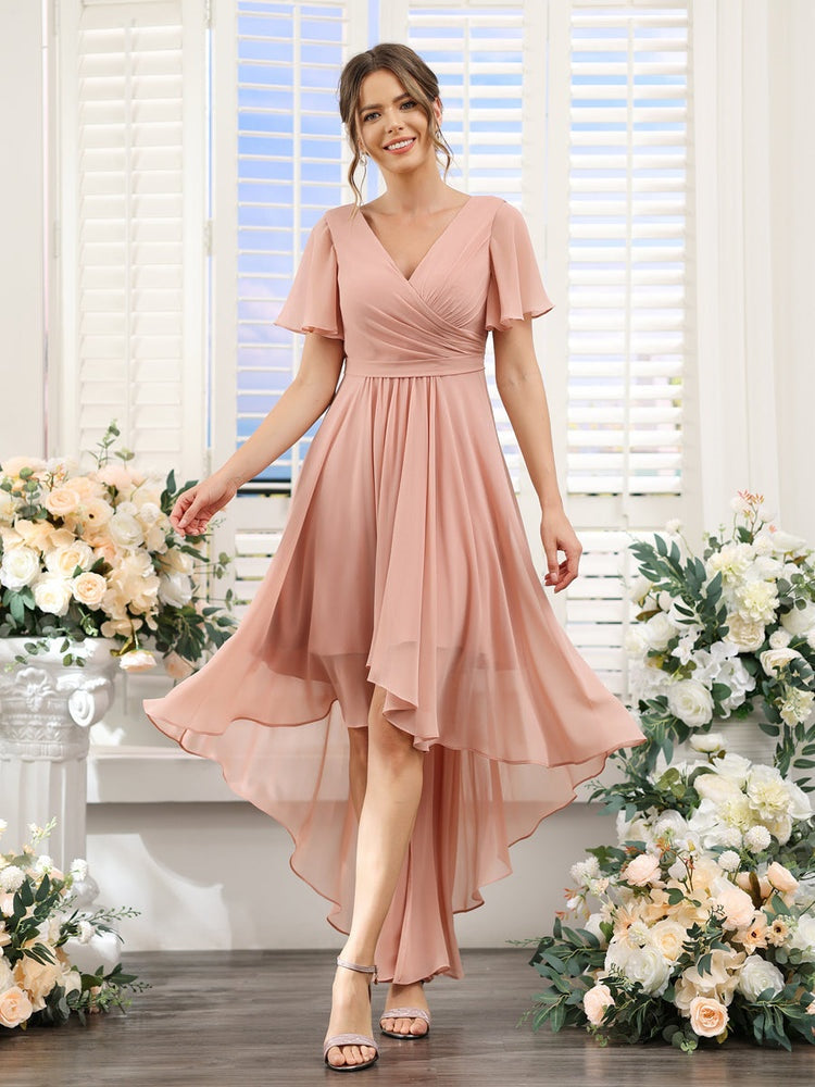 A-Line/Princess V-Neck Short Sleeves Asymmetrical Chiffon Bridesmaid Dresses with Ruched