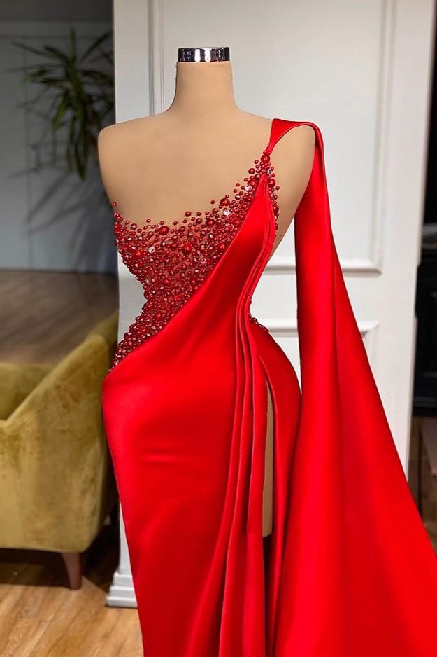 Red Ruffes Mermaid Prom Dress Split With Beading PD0545