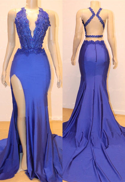 Blue Halter Mermaid Long Prom Dress Split With Lace Appliques PD0740