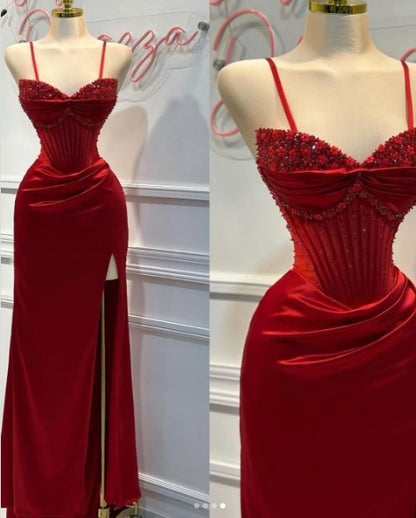 Exquisite Red Spaghetti Strap Patchwork Split Beaded Prom Dress LY0033