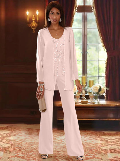 Chiffon V-Neck Floor-Length 3 Pieces Mother of the Bride Pantsuits with Jacket & Sequins