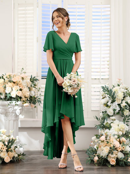 A-Line/Princess V-Neck Short Sleeves Asymmetrical Chiffon Bridesmaid Dresses with Ruched