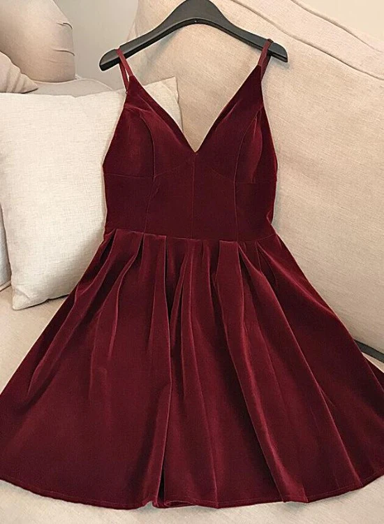 Wine Red Velvet Short V Back Homecoming Dress Party Dress, Dark Red Short Prom Dress gh63