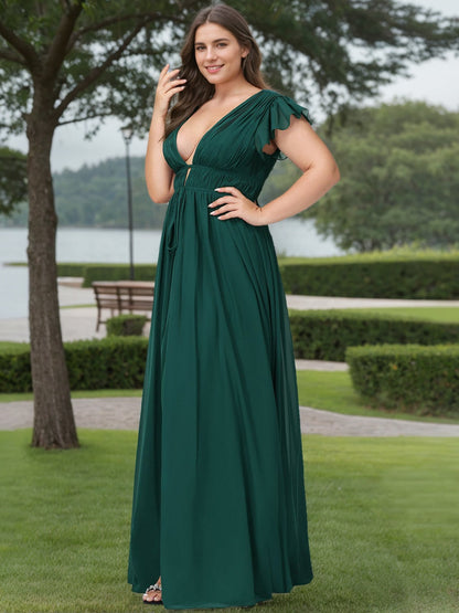 A Line/Princess Deep V-Neck Short Sleeves Floor-Length Plus Size Bridesmaid Dresses with Split Side