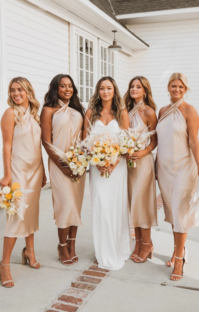 Rose gold silk dress Bella Halter neck midi bridesmaid dress Open back bias cut midi twist halter neckline dress  gh2078