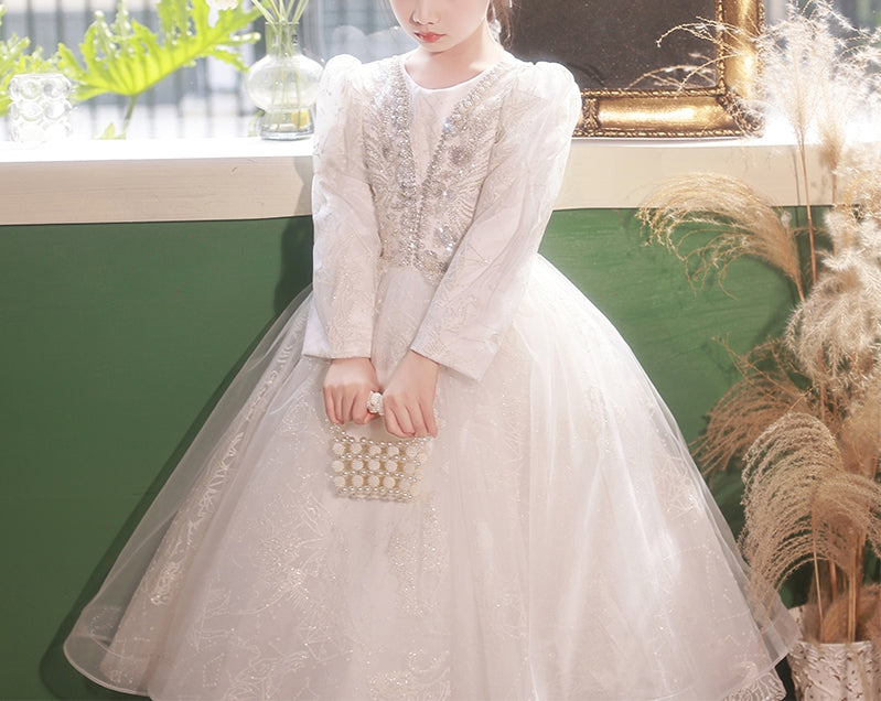 Ball Gown Round Neck Long Sleeves Flower Girl Lace Dress with Crystal Appliques