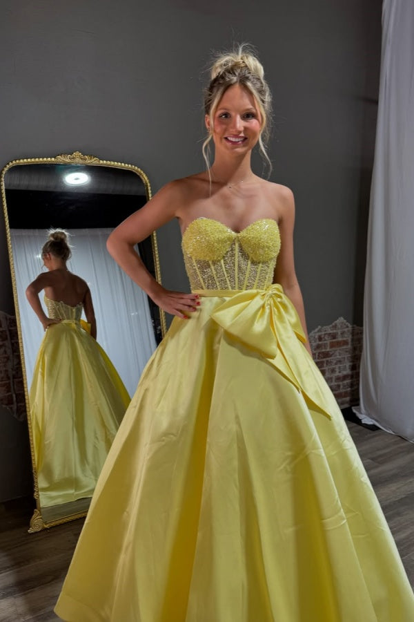 Yellow Sweetheart Sequins Strapless Bow-knot Prom Dress ZT0502