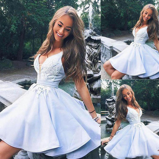 Cute light blue satin v neck short prom dress, lace homecoming dress gh798