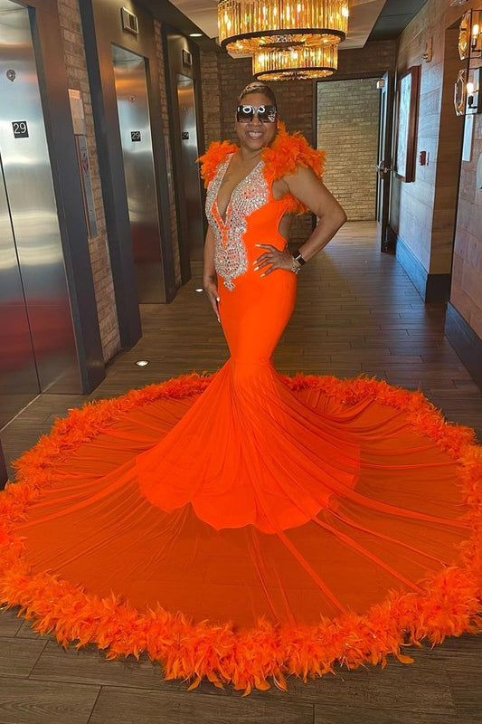 edgynewlook Sleeveless Charming Beads Mermaid Orange Prom Dress Appliques With Feathers