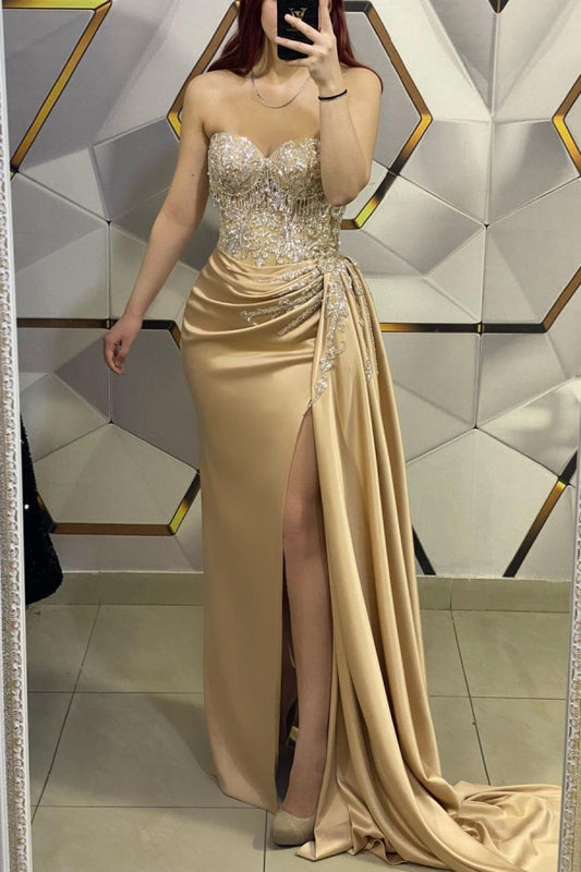 Gold Sleeveless Prom Dress V-Neck with Sequin Appliques YH0031