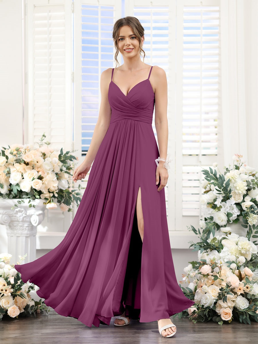 A-Line/Princess V-Neck Spaghetti Straps Sleeveless Floor-Length Chiffon Bridesmaid Dresses with Split Side