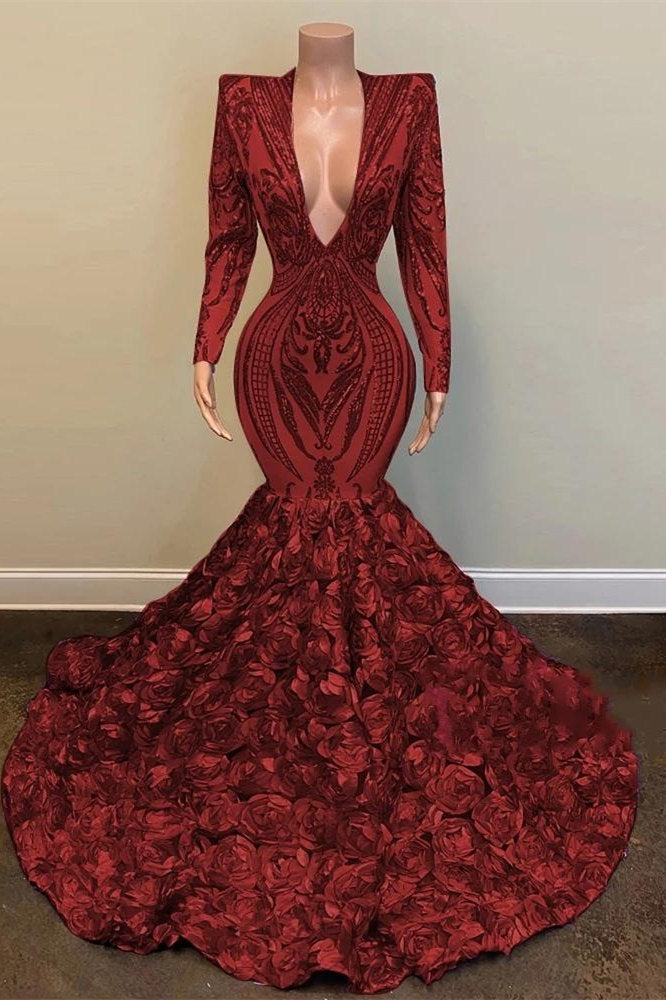 Wine Red V-Neck Long Sleeves Sequins Lace Prom Dress Mermaid With Flowers Bottom PD0732