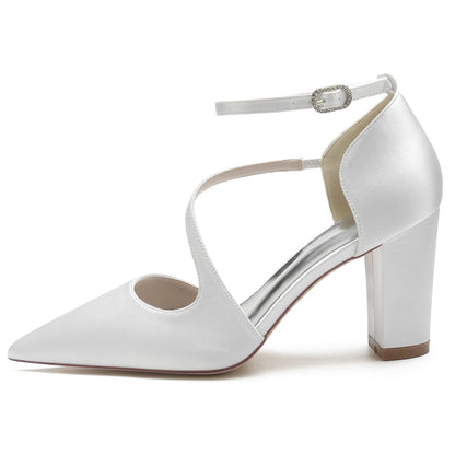 Women's Wedding Shoes Silk Satin Block Pointed Toe Buckle Minimalism Bridal Shoes