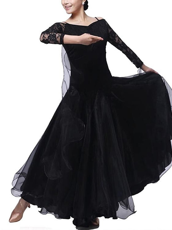 Women‘s Dancewear Ballroom Dance Dress Lace Pure Color Splicing Women's Performance Party