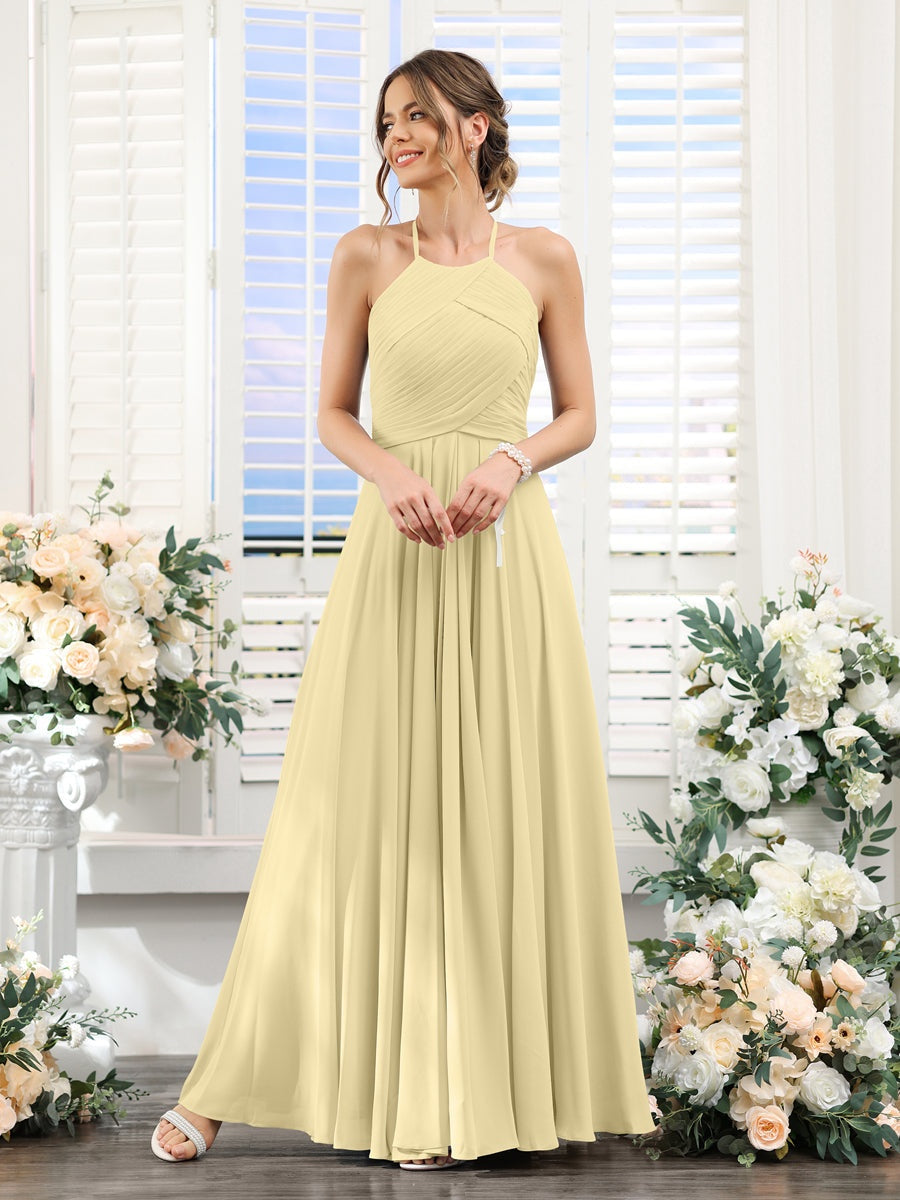 A-Line/Princess Halter Sleeveless Floor-Length Chiffon Bridesmaid Dresses with Ruched