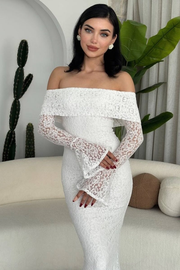 White Slim Fit Lace Mermaid Strapless Long Sleeves Prom Dress ZT0308