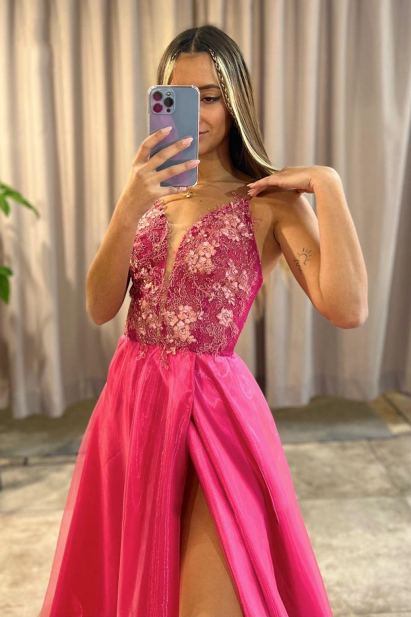 Pink Long Prom Dress With Slit A Line V-Neck Lace Appliques YL0019