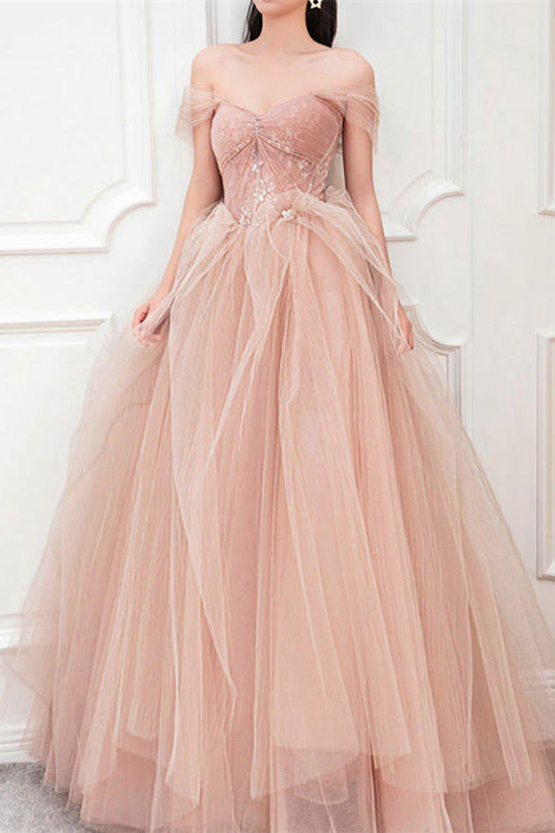 Edgynewlook Pink Off-The-Shoulder Long Prom Dress Sweetheart With Pearls