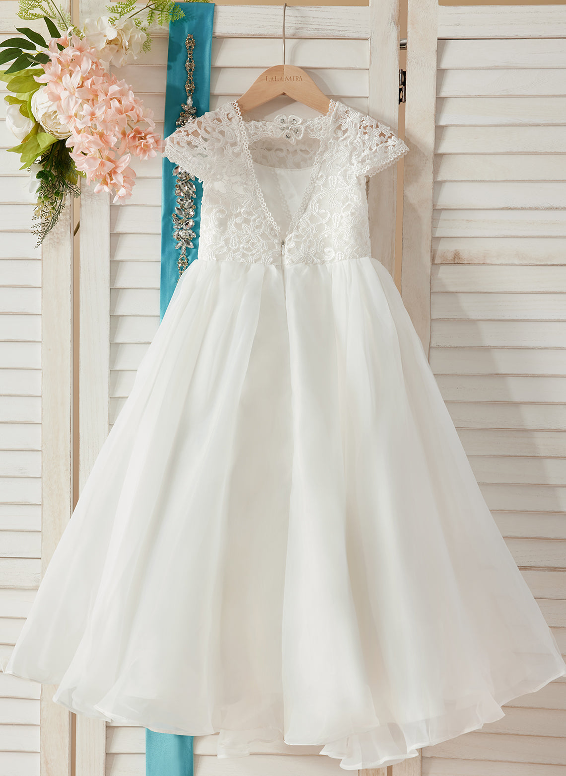 A-line Lace Organza Ankle-length Ivory Flower Girl Dress