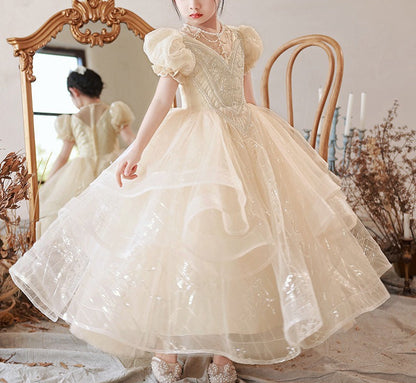 Ball Gown Beading Round Neck Short Sleeves Flower Girl Lace Dress with Rhinestones