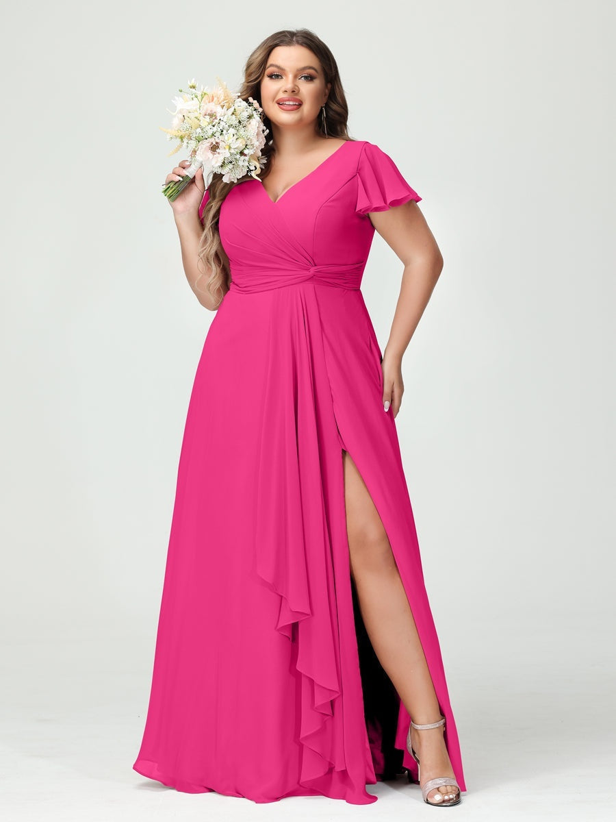 A-Line/Princess V-Neck Short Sleeves Chiffon Ruffles Split Side Plus Size Bridesmaid Dresses with Pockets