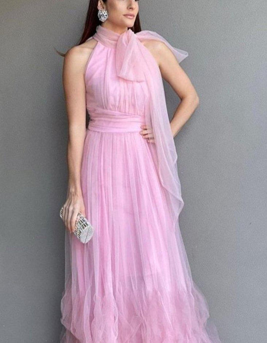 Pink suspender bow tulle long ball gown evening dress wedding guest dress bridesmaid dress gh3102