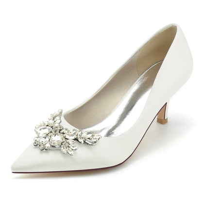 Women's Wedding Shoes Silk Satin Rhinestone Mid Pointed Toe Minimalism Bridal Shoes