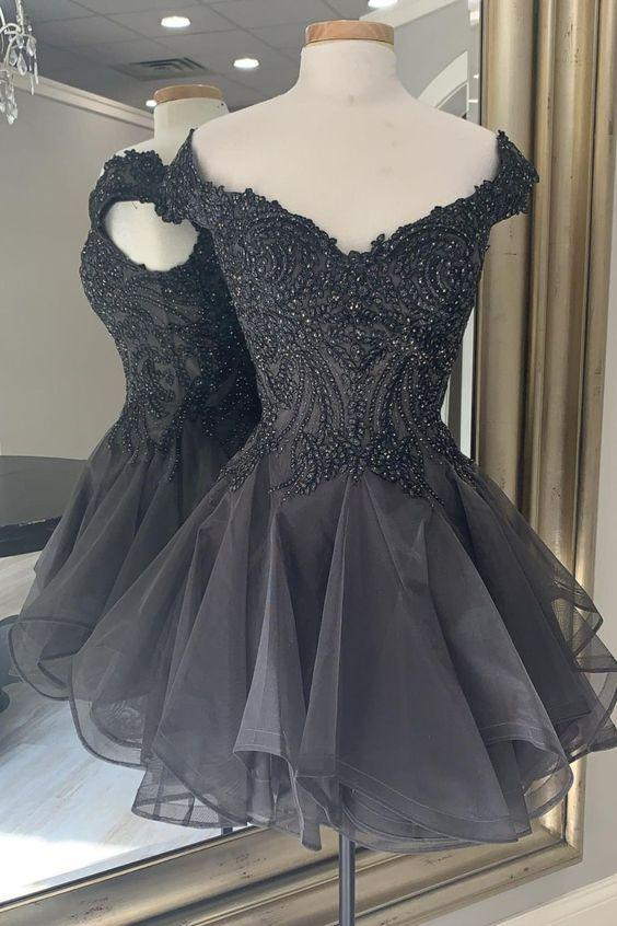 off the shoulder black short party dress Homecoming Dress gh1692