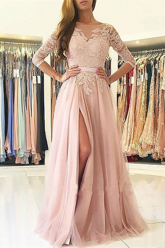 Pink 3/4 Sleeves Prom Dress With Split PD0283