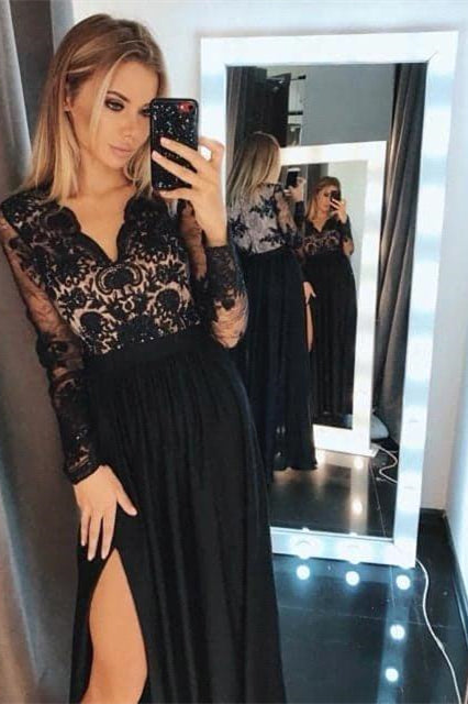 Long Sleeves Black Prom Dress With Split PD0484