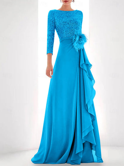 A-Line/Princess Jewel Neck Long Sleeves Asymmetrical Mother of the Bride Dresses With Sequin & Feather & Pearls