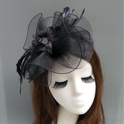 Elegant Net Saucer Hat Fascinator Hats Headpiece Flower Feather & Beading