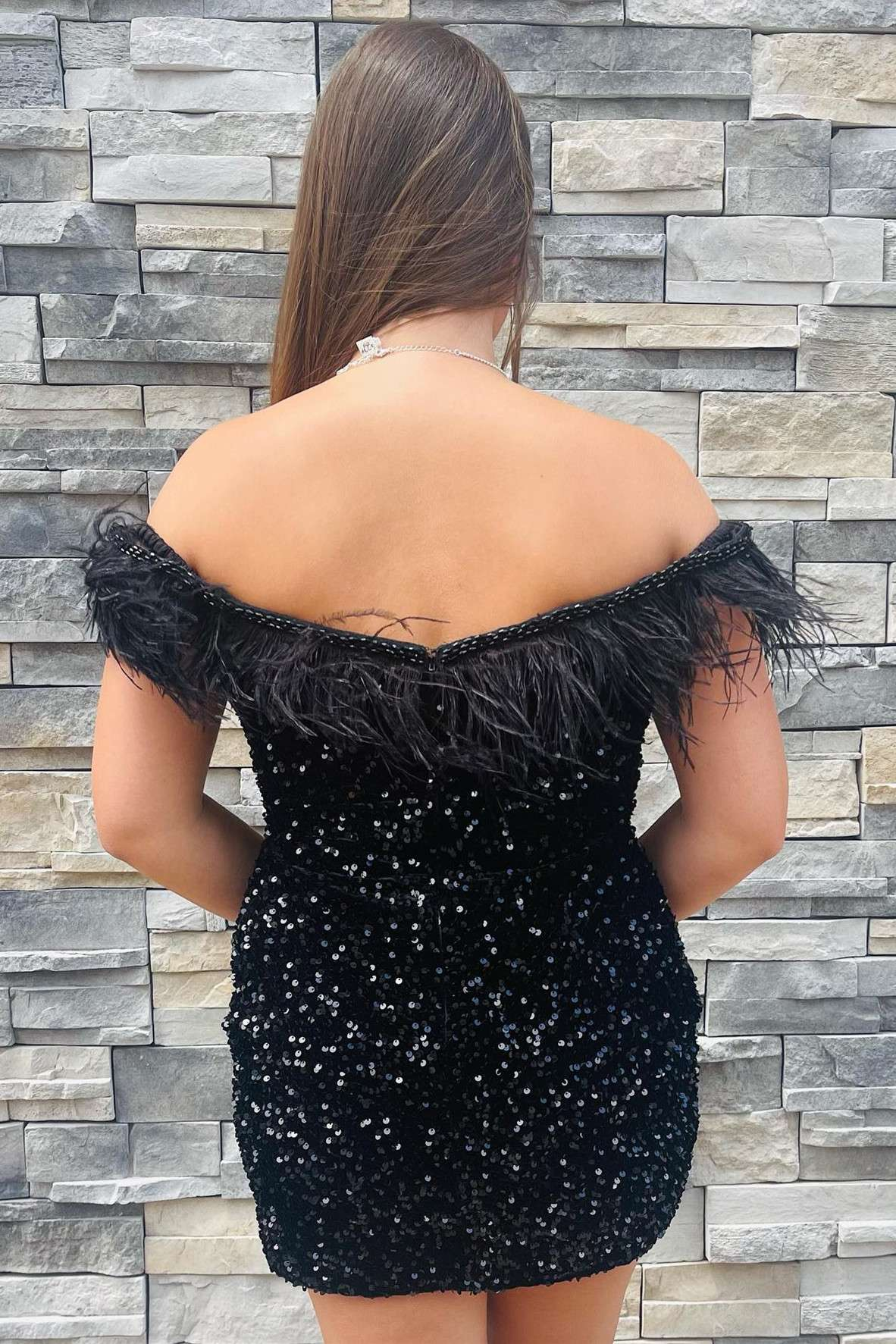 Black Sequin Off-the-Shoulder Feathered Short Party Dress gh1271