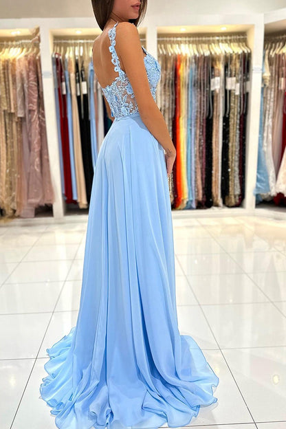 Baby Blue Sweetheart A Line Lace Long Prom Dress With Slit YL0034