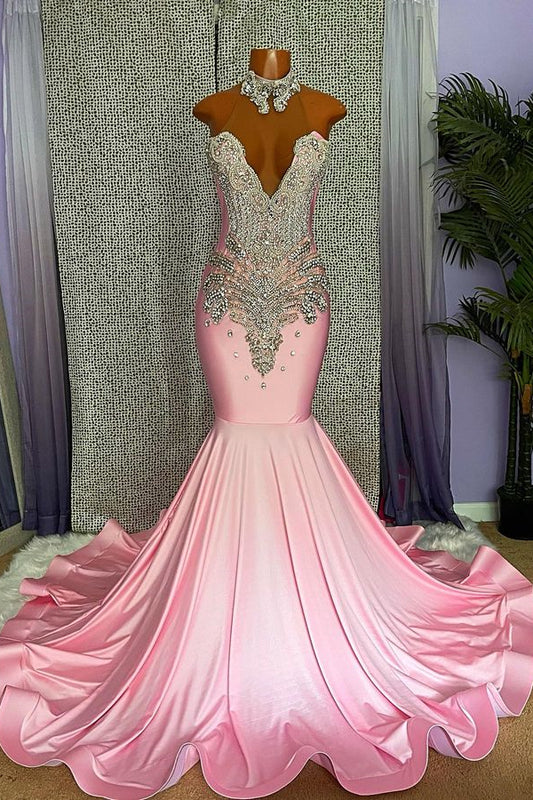 edgynewlook Mermaid Pink High Neck Prom Dress Beaded With Appliques