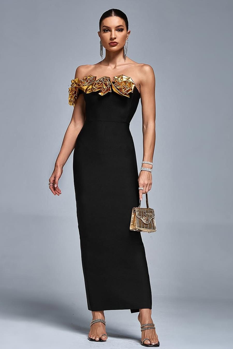 edgynewlook Stunning Black Satin One Shoulder Strapless Mermaid Prom Dress with Ruffles