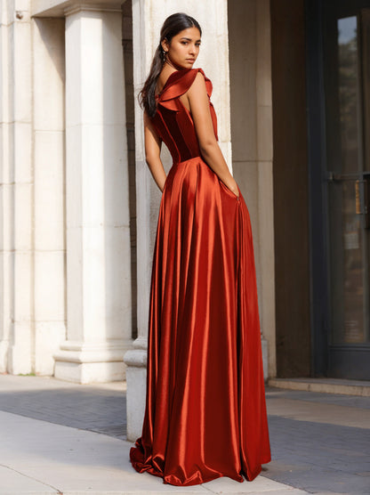 A-Line/Princess One-Shoulder Sleeveless Floor-Length Prom Evening Dresses with Ruffles