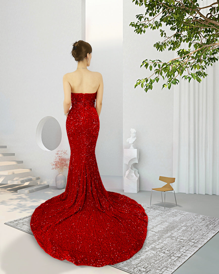 Red Sequins Prom Dress Sweetheart With High Slit Sleeveless YX00016