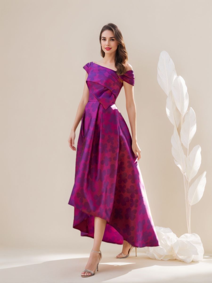 A-Line/Princess Boat Neck Asymmetrical Evening Dresses With Printed Flower & Ruches