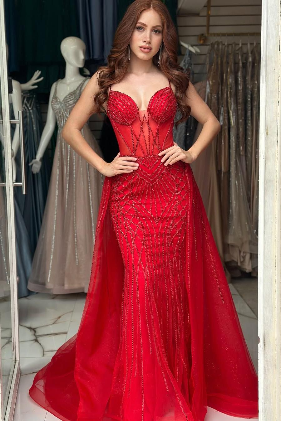 edgynewlook Elegant Red Sequins Spaghtti Strap Sleeveless Sweetheart Prom Dress with Detachable Train