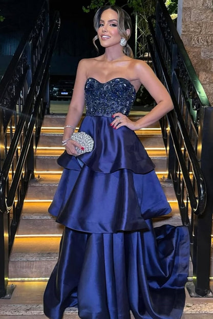 Dark Blue Embroidery Beadings Three-Layer Ruffles Strapless Prom Dress ZT0495