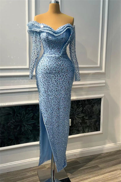 Blue Sweetheart Long Sleeves Mermaid Prom Dress With Split Beads ED0419