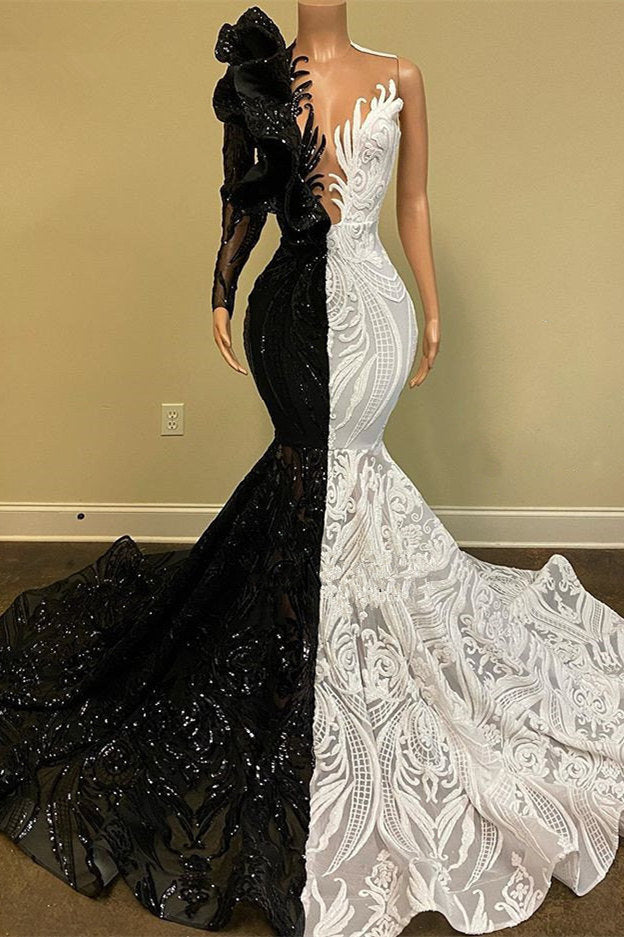 Black and White Long Sleeves Mermaid Prom Dress Sequins Lace PD0578