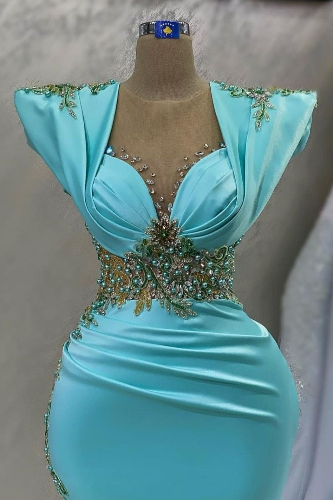 Emerald Satin Prom Dress Sleeves Applikation Lang Mermaid YL0239