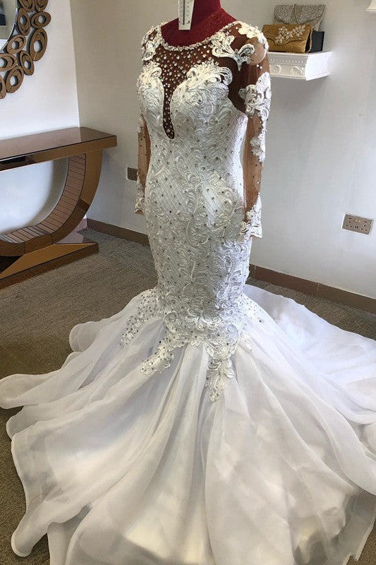 Beading Mermaid Sheer Tulle Wedding Dress Appliques Long Sleeves Bridal Dress