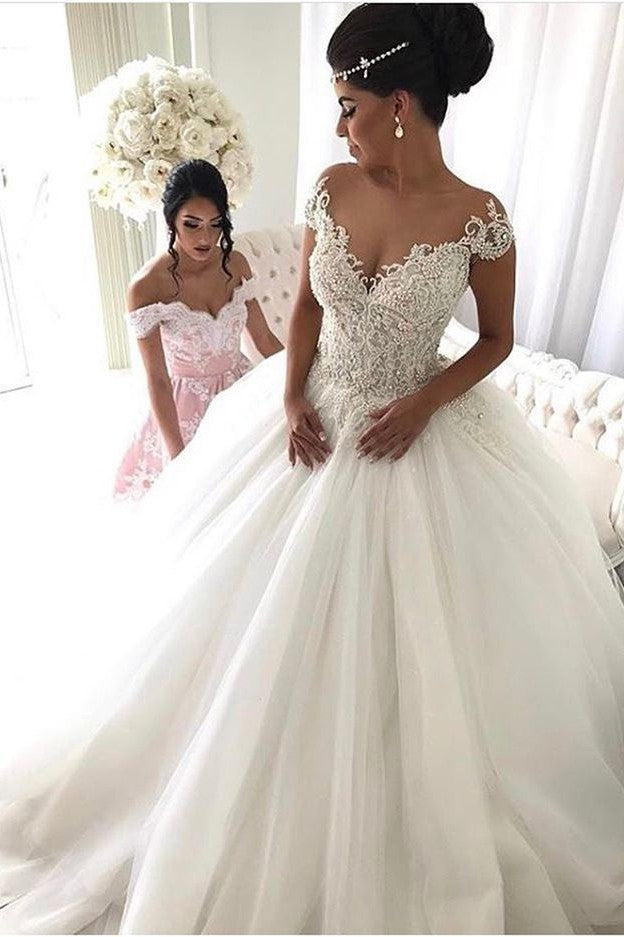 Beads Lace Royal Wedding Dresses Princess Ball Gown Sheer Tulle Modern Bridal Gowns