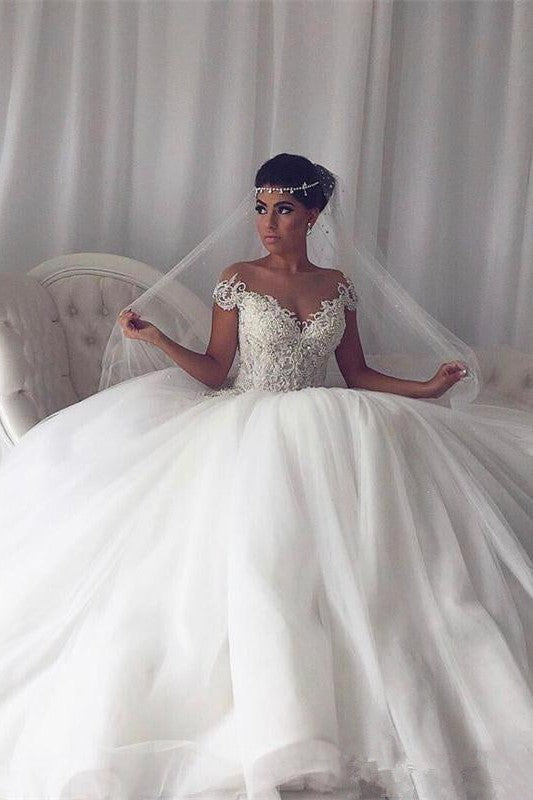 Beads Lace Royal Wedding Dresses Princess Ball Gown Sheer Tulle Modern Bridal Gowns